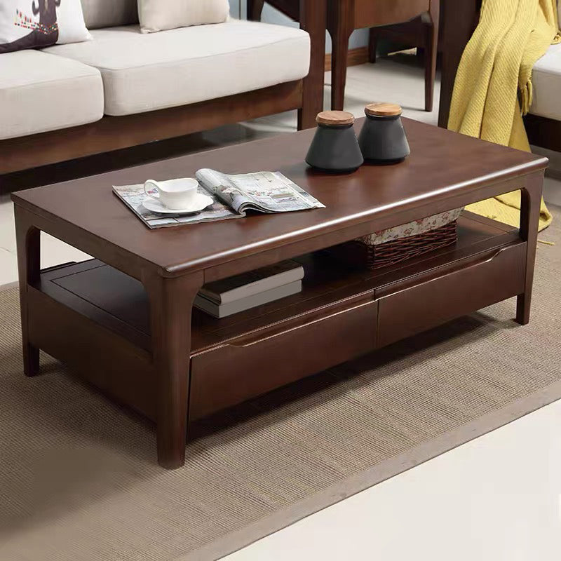 Rectangular 4 Legs Base with Drawers Solid Wood Table Nordic Style Coffee Table