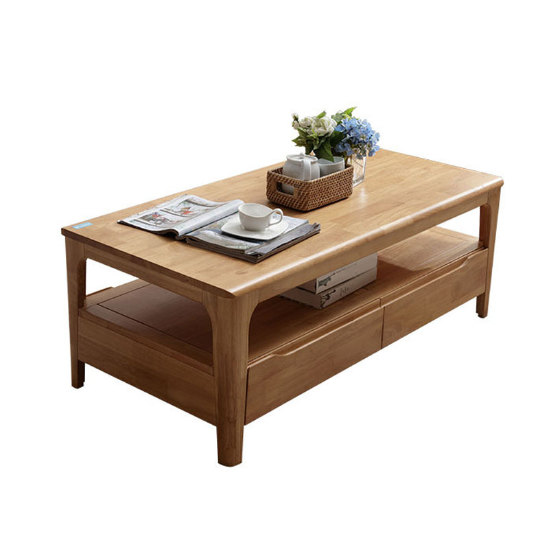 Rectangular 4 Legs Base with Drawers Solid Wood Table Nordic Style Coffee Table