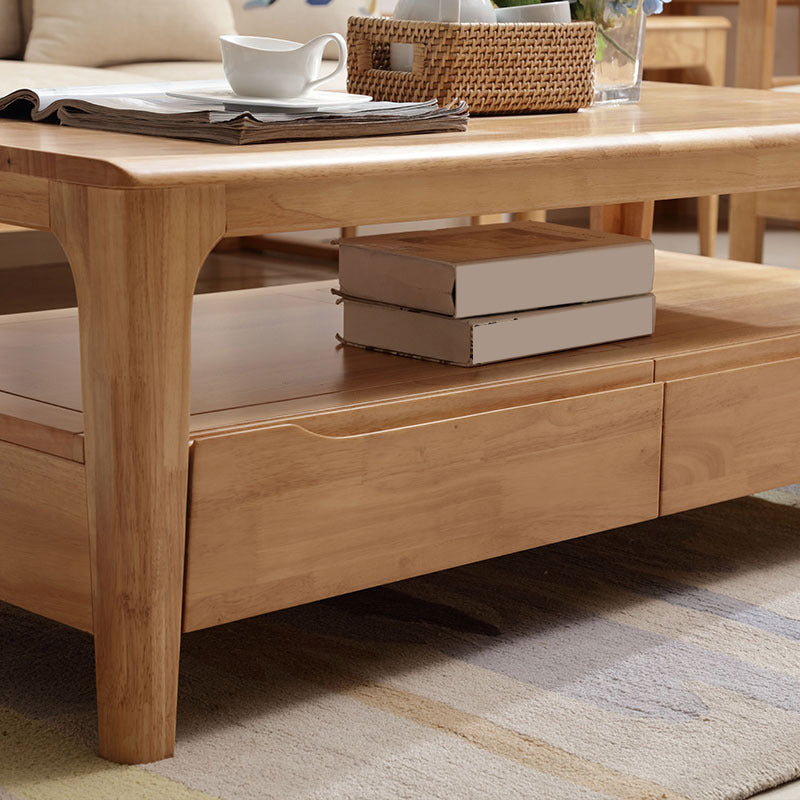 Rectangular 4 Legs Base with Drawers Solid Wood Table Nordic Style Coffee Table