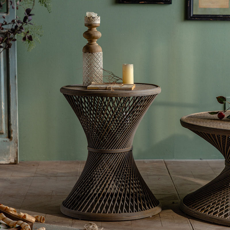 French Country Style Side Table with Round Aged Solid Wood Frame Base