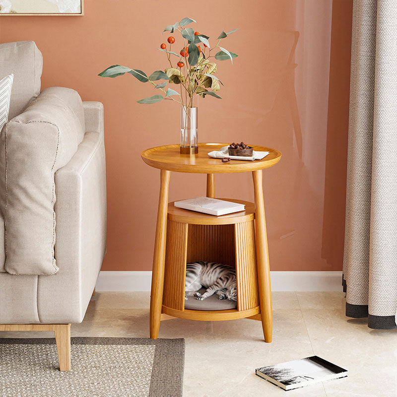Scandinavian Round Solid Wood Top Side Table 23.6-inch 3 Legs End Table with Storage