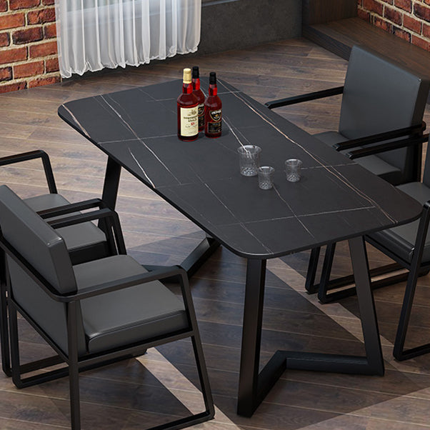 Sintered Stone Black Dining Table Industrial Rectangle Dining Table with Metal Base