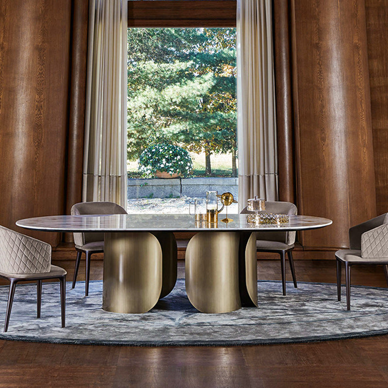 Sintered Stone Glam Table for Restaurant Oval Dining Table with Double Pedestal