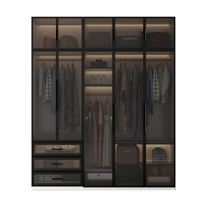 Brown Glass Door Wardrobe for Home Contemporary Hinged Door Storage Cabinet