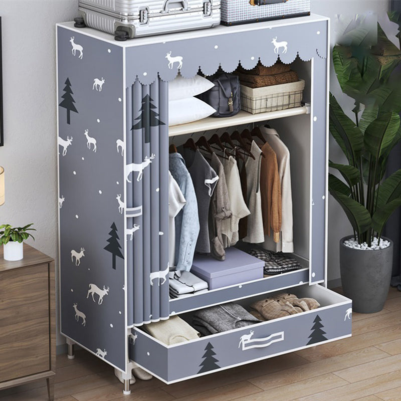 Modern Style Wardrobe Armoire Silver Steel Frame Wardrobe with Drawer