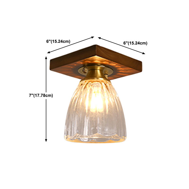 Modern Wood Ceiling Light Geometric Shape Flush Mount with Glass Shade for Living Room