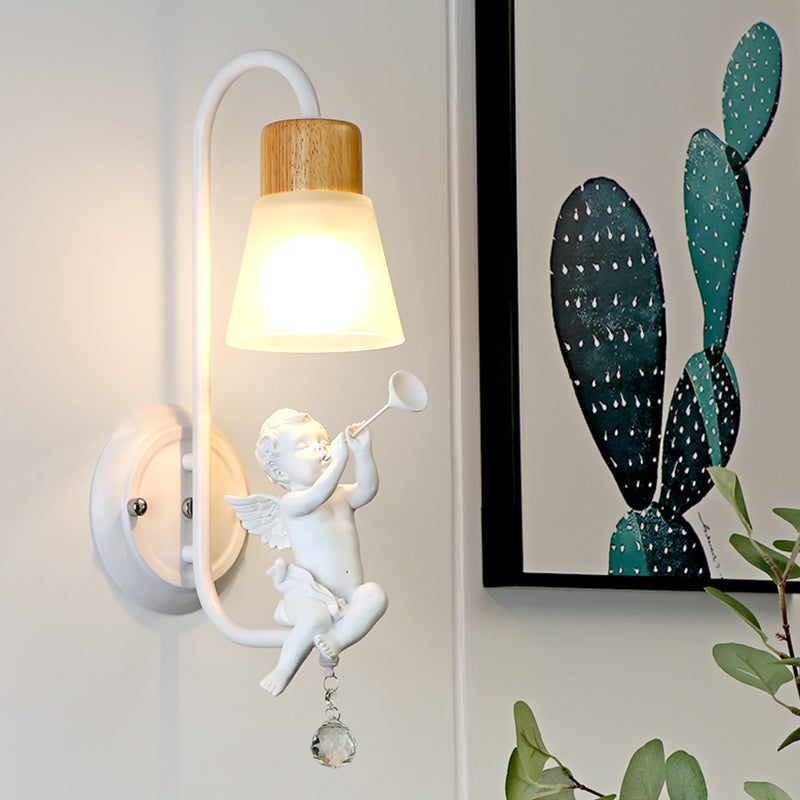Modern Kids Wood Wall Sconce Geometric Shape Metal Wall Light with Glass Shade for Bedroom