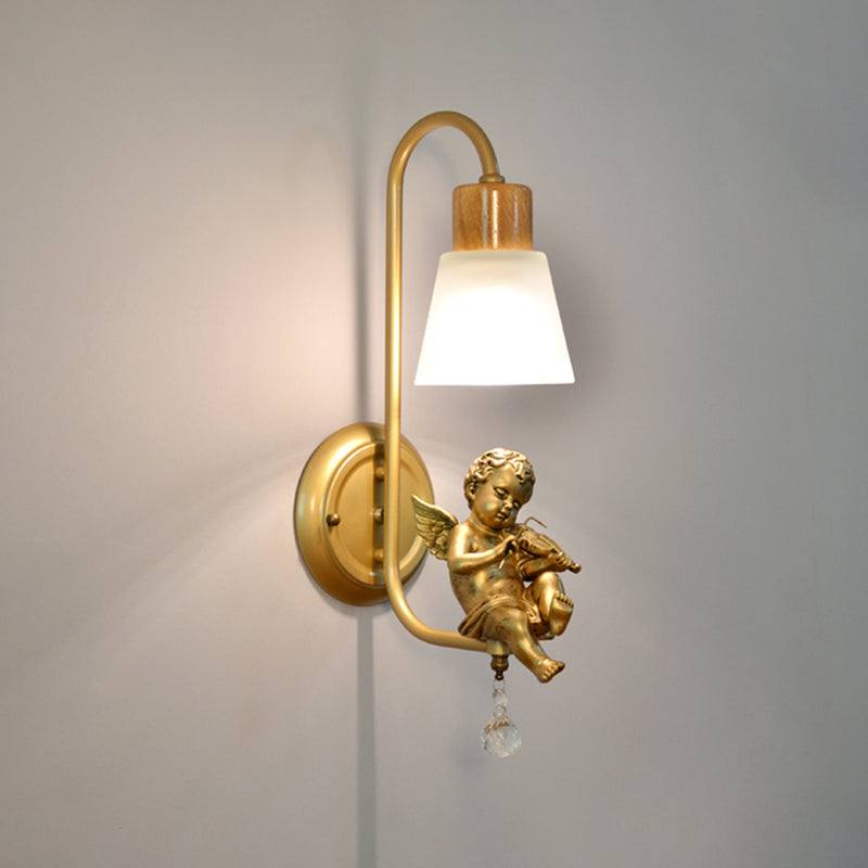 Modern Kids Wood Wall Sconce Geometric Shape Metal Wall Light with Glass Shade for Bedroom