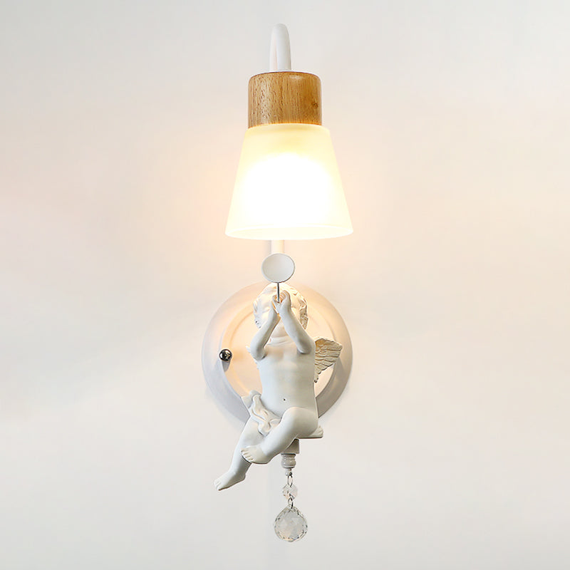 Modern Kids Wood Wall Sconce Geometric Shape Metal Wall Light with Glass Shade for Bedroom