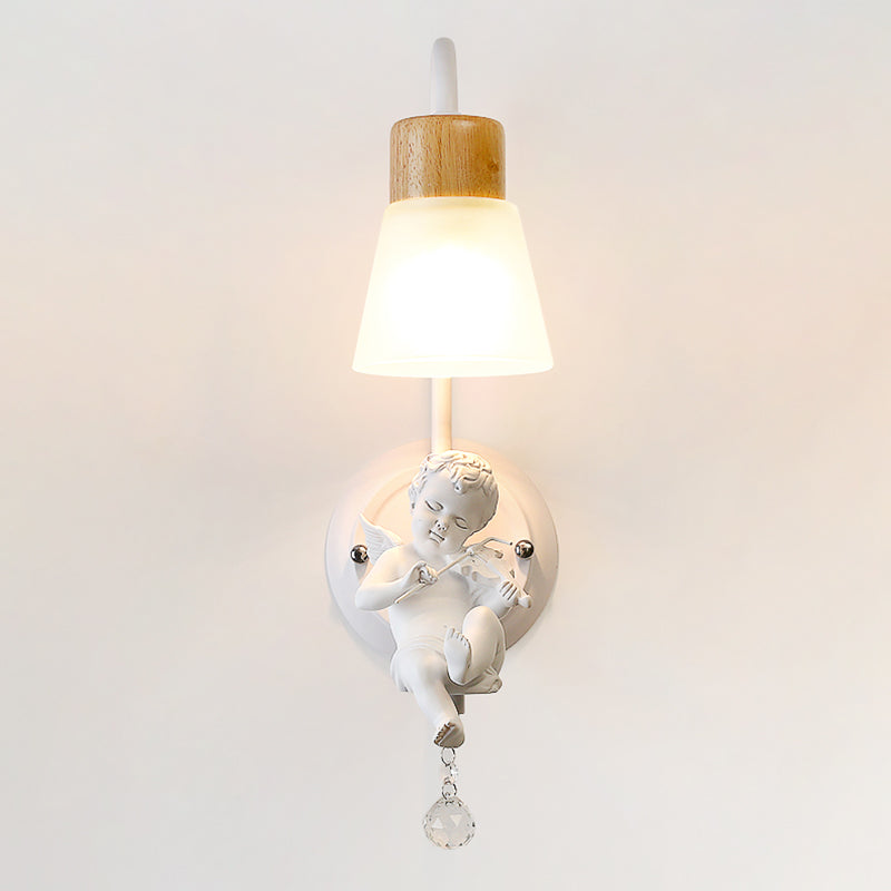 Modern Kids Wood Wall Sconce Geometric Shape Metal Wall Light with Glass Shade for Bedroom