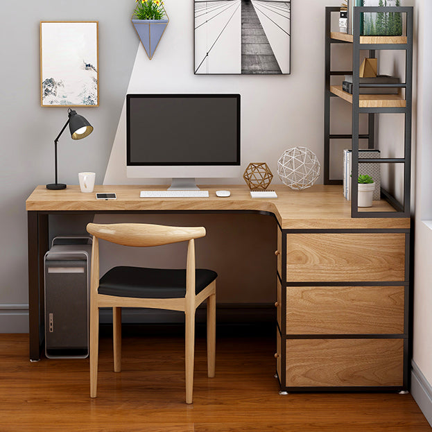 Corner Pine Wood Writing Desk Contemporary H-Shape Base Desk with Shelf