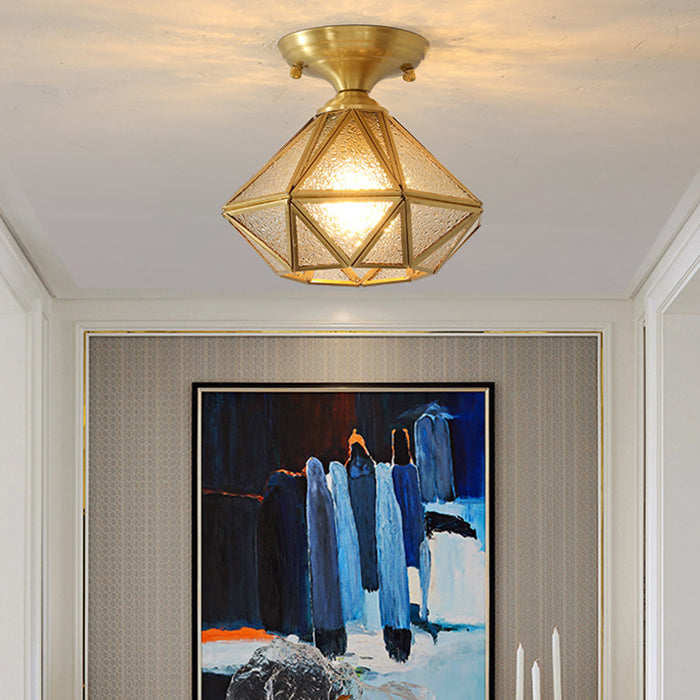 Brass Geometric Ceiling Light in Colonial Style Glass 1-Light Flush Mount