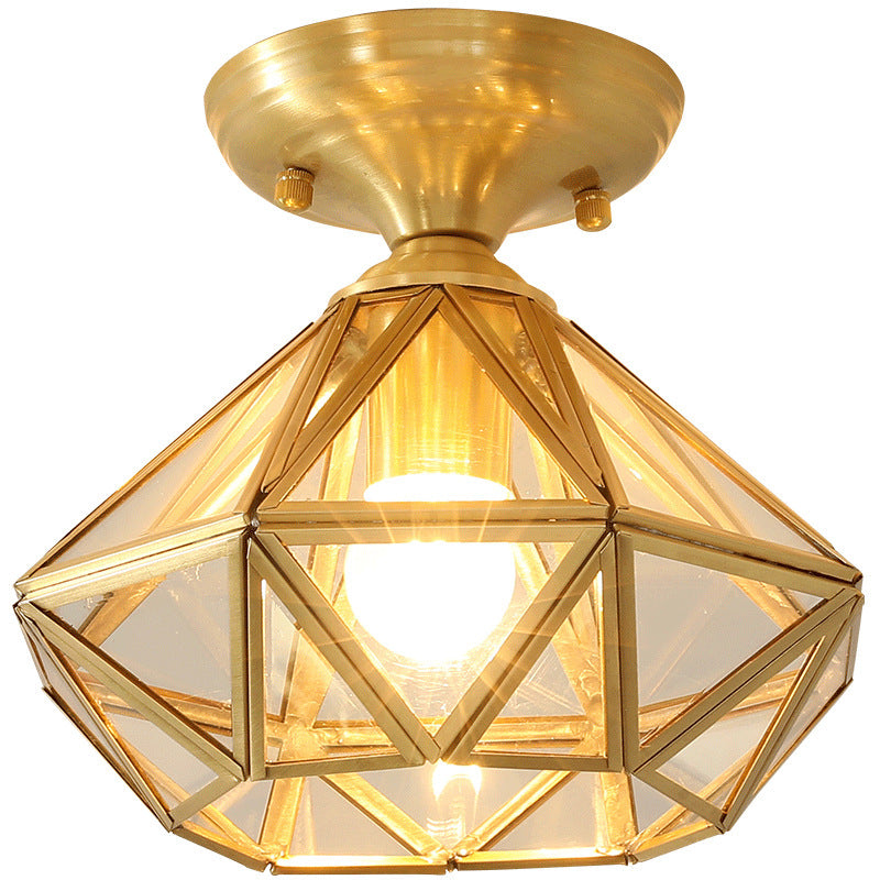 Brass Geometric Ceiling Light in Colonial Style Glass 1-Light Flush Mount