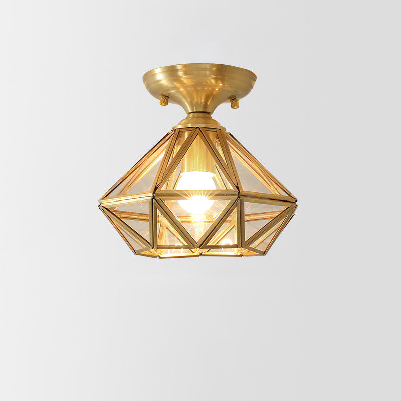 Brass Geometric Ceiling Light in Colonial Style Glass 1-Light Flush Mount