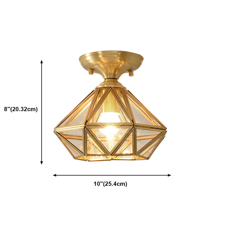 Brass Geometric Ceiling Light in Colonial Style Glass 1-Light Flush Mount