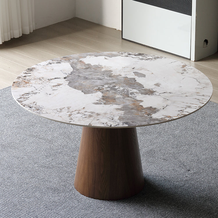 Stone Top Dining Table Modern Round Dining Table with Wood Pedestal Base without turntable