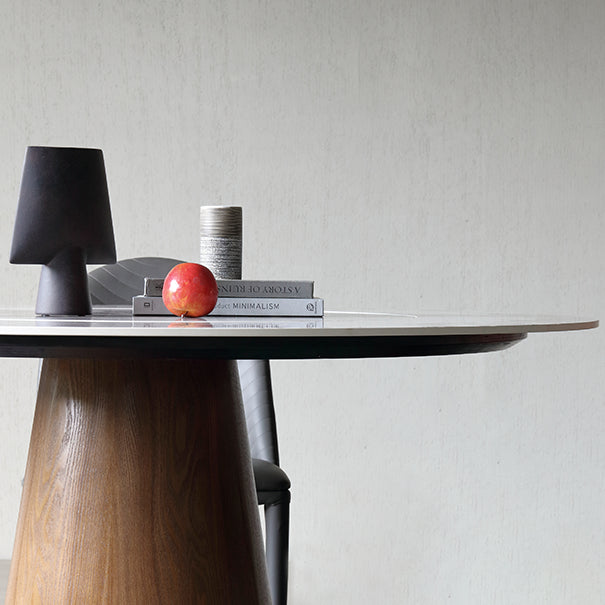 Stone Top Dining Table Modern Round Dining Table with Wood Pedestal Base without turntable