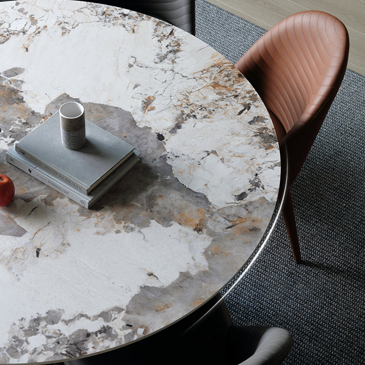 Stone Top Dining Table Modern Round Dining Table with Wood Pedestal Base without turntable