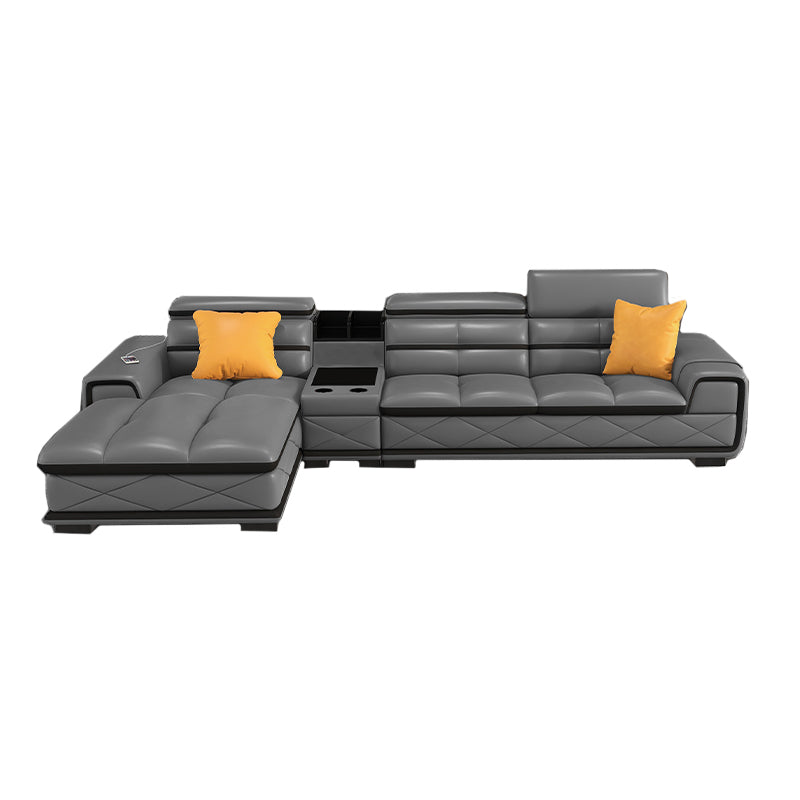 Contemporary Cloud Gray Square Arm Stationary Genuine Leather Sofa
