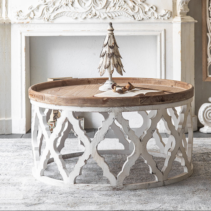 French Country Distressed Cocktail Table Wooden Round Top Shape Coffee Table