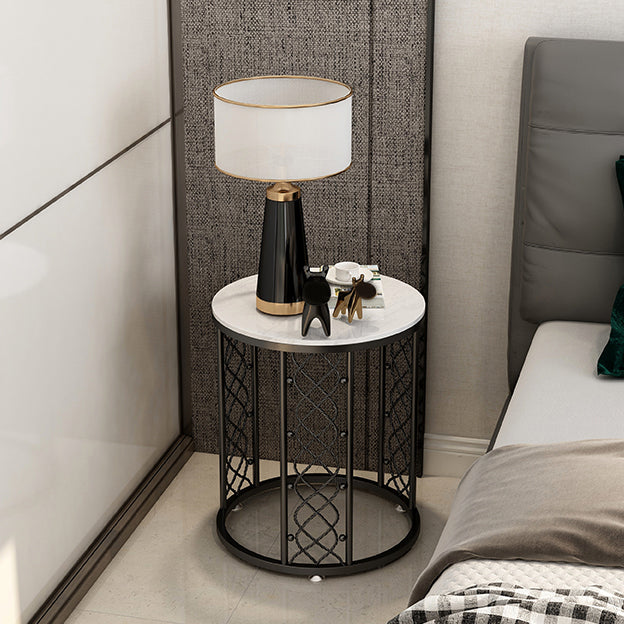 21.6" Tall Modern Round Slate Top Side Table Iron Frame End Table with Shelf