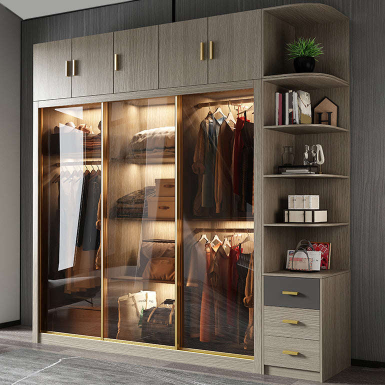 Brown Glass Door Storage Cabinet Contemporary Sliding Door Wardrobe for Home