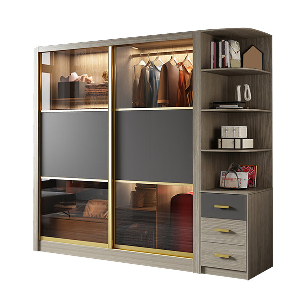 Brown Glass Door Storage Cabinet Contemporary Sliding Door Wardrobe for Home