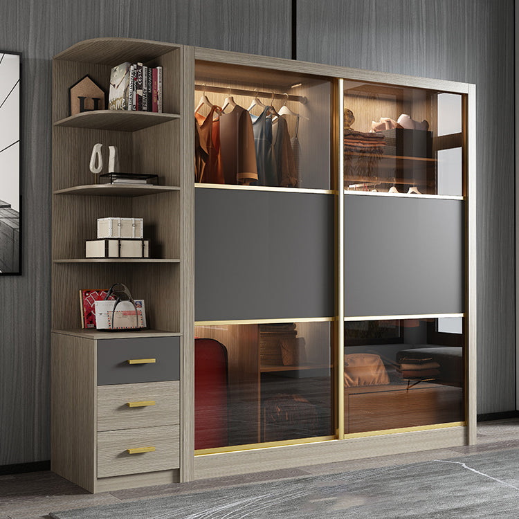 Brown Glass Door Storage Cabinet Contemporary Sliding Door Wardrobe for Home
