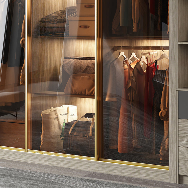 Brown Glass Door Storage Cabinet Contemporary Sliding Door Wardrobe for Home