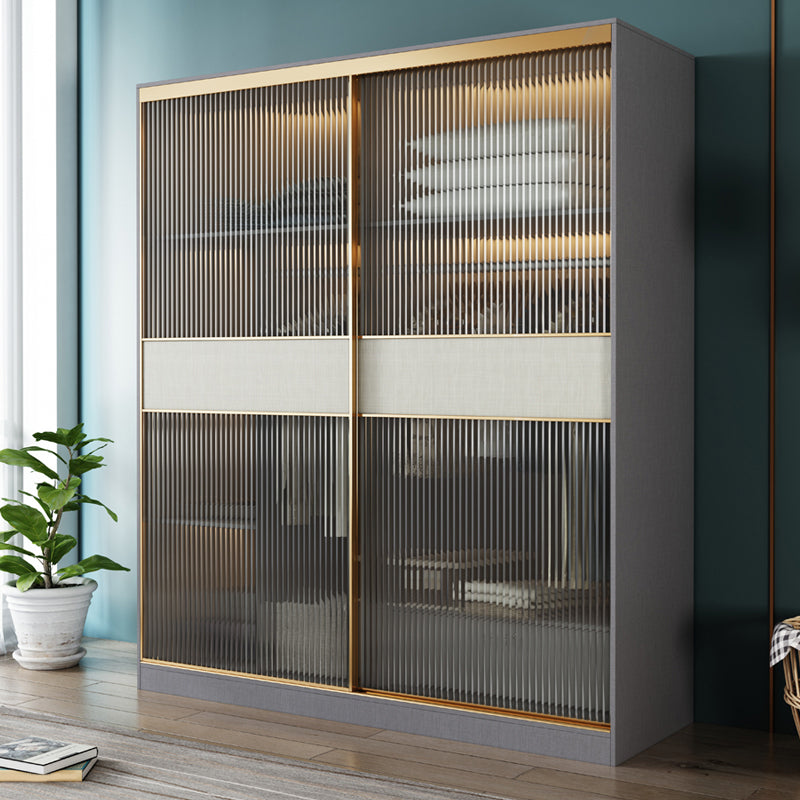 Modern Sliding Door Wardrobe for Home Grey Cabinet with Clear Glass Door