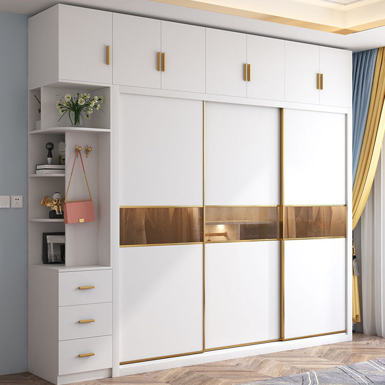 White Sliding Wardrobe Cabinet Engineered Wood Wardrobe Armoire