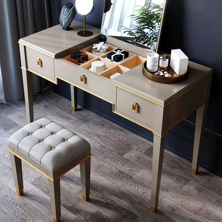 Solid Wood Make-up Vanity Mirrored Vanity Set with Padded Stool