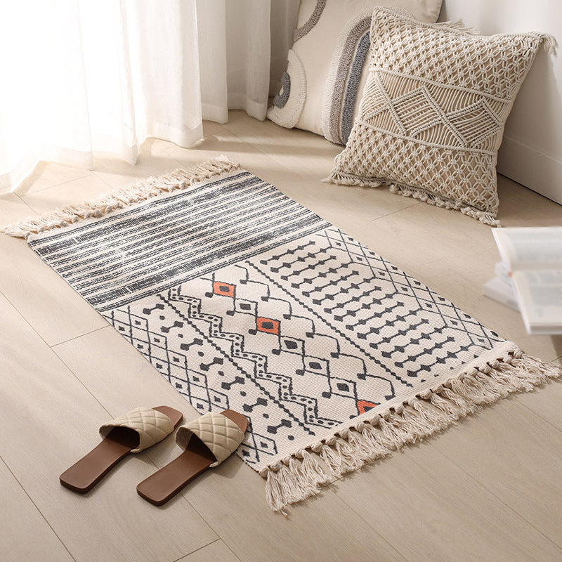 Vintage Tribal Pattern Rug Cotton Fringe Carpet Pet Friendly Area Rug for Living Room