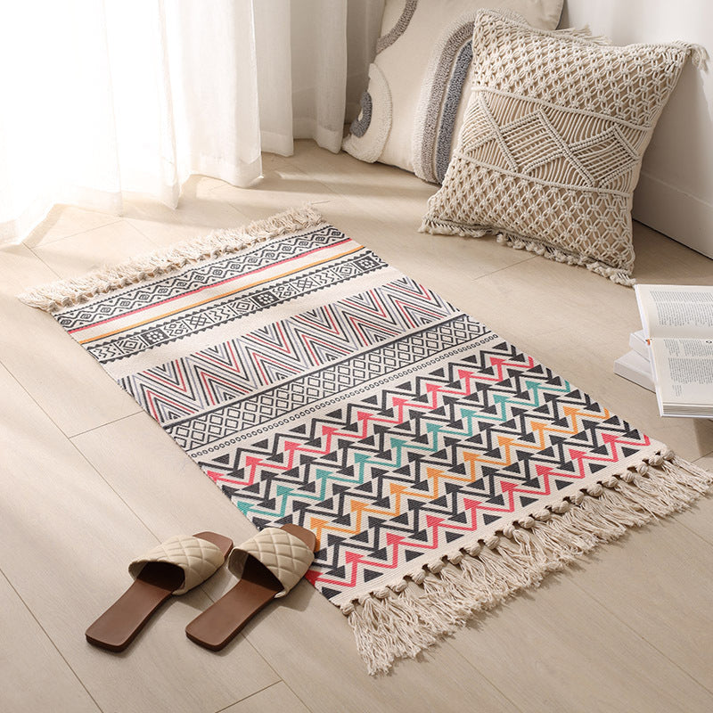 Vintage Tribal Pattern Rug Cotton Fringe Carpet Pet Friendly Area Rug for Living Room