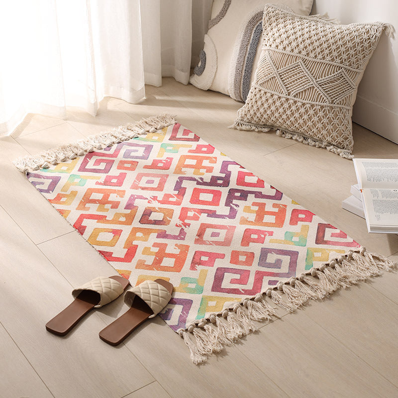 Vintage Tribal Pattern Rug Cotton Fringe Carpet Pet Friendly Area Rug for Living Room