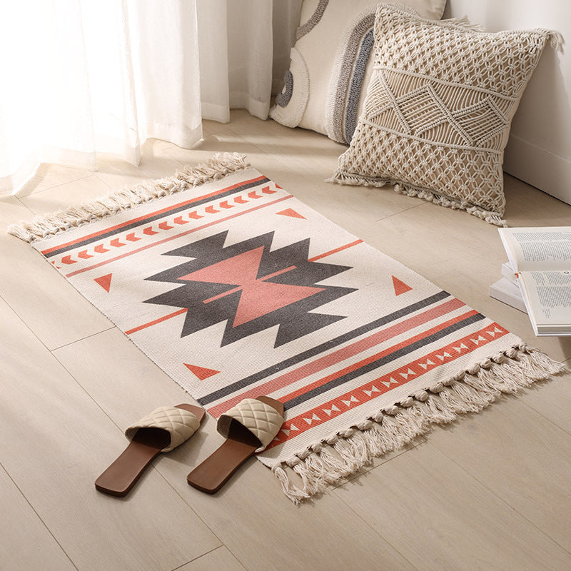 Vintage Tribal Pattern Rug Cotton Fringe Carpet Pet Friendly Area Rug for Living Room