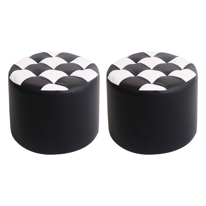 Modern Stain Resistant Standard Round Check Pattern Leather Pouf for Drawing Room
