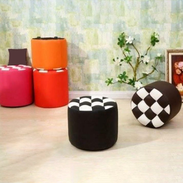Modern Stain Resistant Standard Round Check Pattern Leather Pouf for Drawing Room
