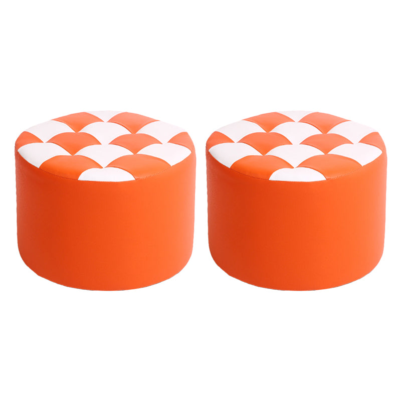 Modern Stain Resistant Standard Round Check Pattern Leather Pouf for Drawing Room
