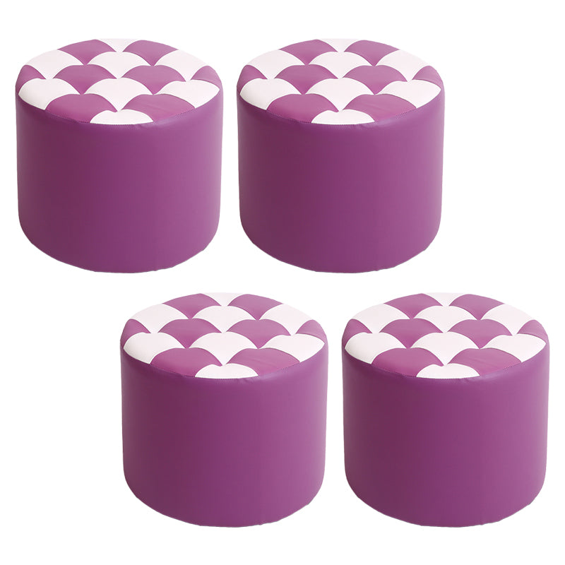 Modern Stain Resistant Standard Round Check Pattern Leather Pouf for Drawing Room