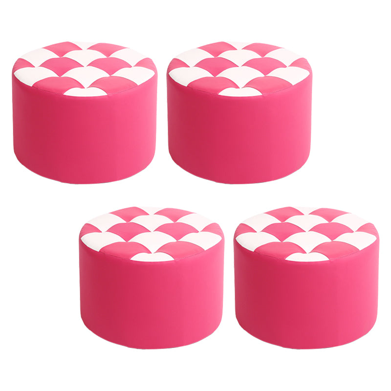Modern Stain Resistant Standard Round Check Pattern Leather Pouf for Drawing Room