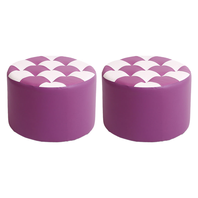 Modern Stain Resistant Standard Round Check Pattern Leather Pouf for Drawing Room