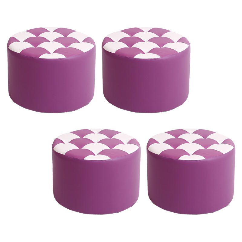 Modern Stain Resistant Standard Round Check Pattern Leather Pouf for Drawing Room