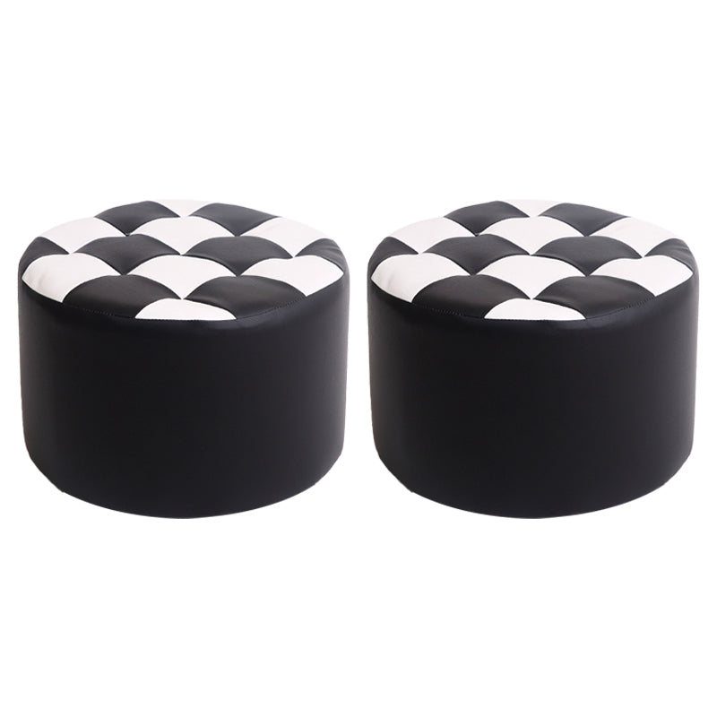 Modern Stain Resistant Standard Round Check Pattern Leather Pouf for Drawing Room