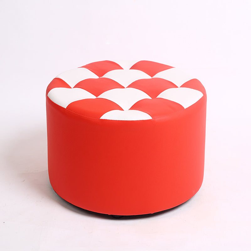 Modern Stain Resistant Standard Round Check Pattern Leather Pouf for Drawing Room