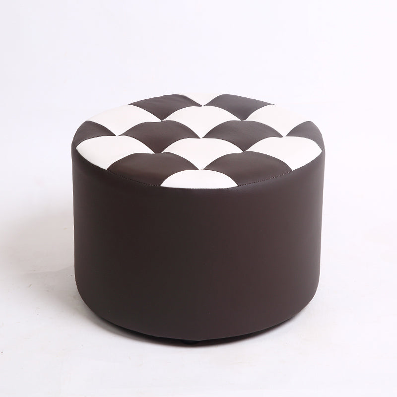 Modern Stain Resistant Standard Round Check Pattern Leather Pouf for Drawing Room