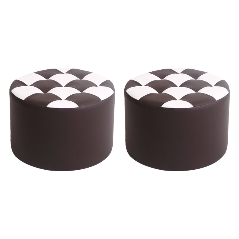 Modern Stain Resistant Standard Round Check Pattern Leather Pouf for Drawing Room