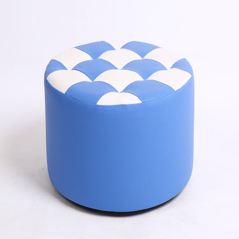 Modern Stain Resistant Standard Round Check Pattern Leather Pouf for Drawing Room