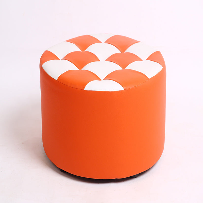 Modern Stain Resistant Standard Round Check Pattern Leather Pouf for Drawing Room