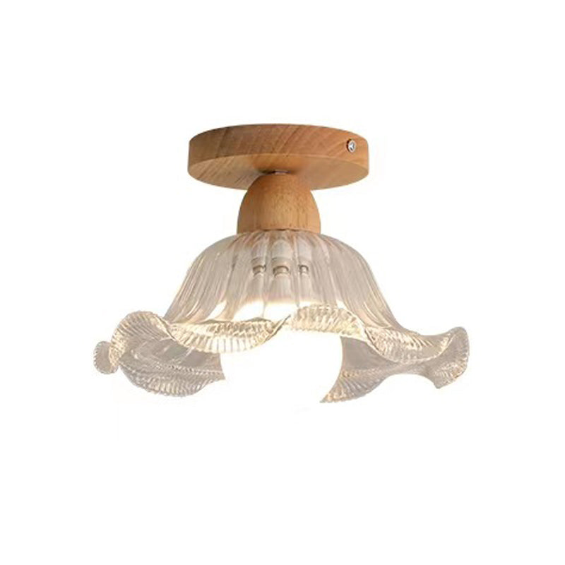 Modern Ceiling Light 1-Light Wooden Ceiling Mount Light with Glass Shade for Bedroom